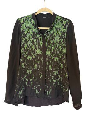 Elie Tahari Abstract Black & Green Matrix Silk Blouse Size S